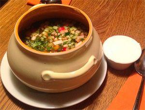 Okroshka with kvass in a pot
