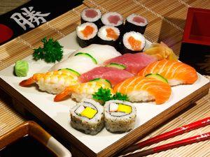 Sushi set on a wooden board