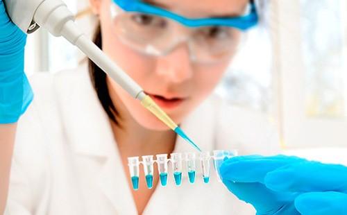 Female doctor examines DNA in a laboratory.