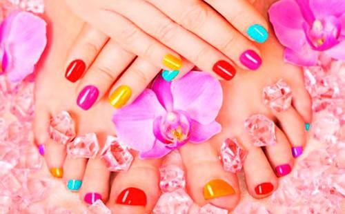 Multi-colored manicure and pedicure.