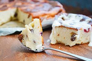 A piece of raisin casserole on a fork