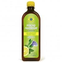 Flaxseed oil in a tall bottle