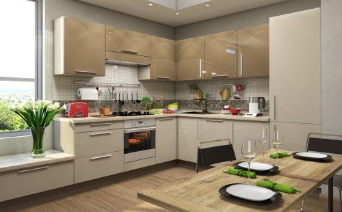 Corner kitchen design in tan