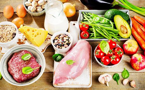 Meat, vegetables, pastries, milk