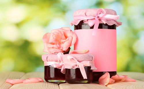 Pink jam in jars