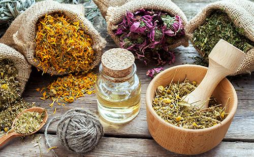 Bags and containers with herbs and oils