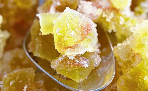 Candied watermelon peels in a bowl