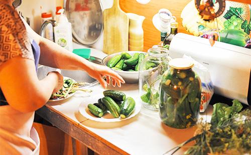 Woman cans cucumbers