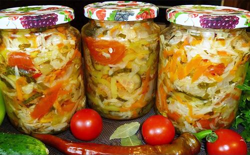 Salad with cabbage and vegetables in jars