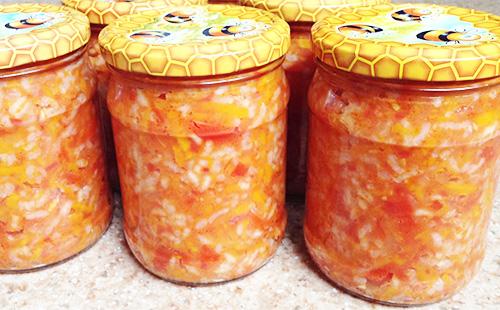 Rice and vegetable salad in jars