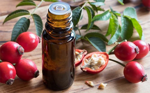 Rosehip oil in a bottle
