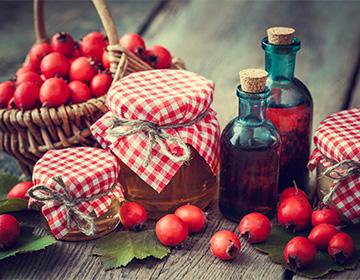 Rosehip syrup in bottles