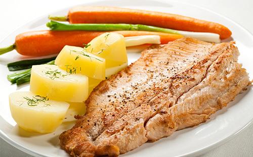 A piece of meat with potatoes