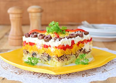 Puff salad with mushrooms and chicken