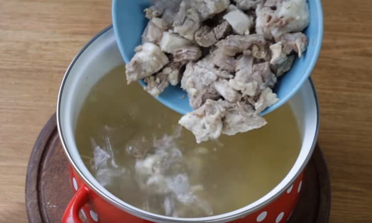 Separate the meat from the seeds, cut into pieces, if necessary, and return to the broth.