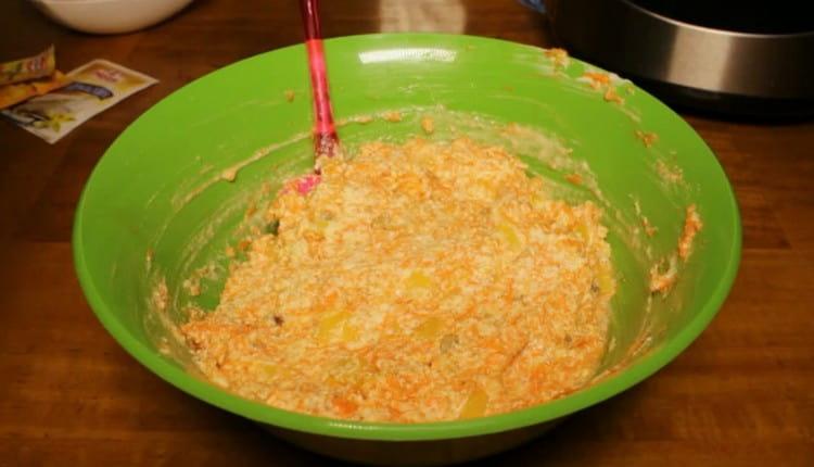 We also add pineapples and mix the whole mass.