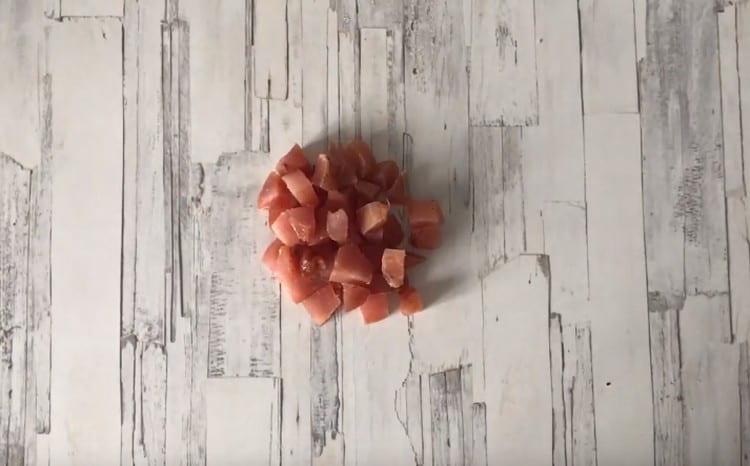 Dice smoked chicken breast.