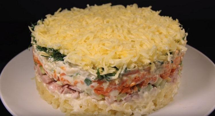 Such a salad with smoked chicken and cheese will be a worthy decoration of your holiday table.