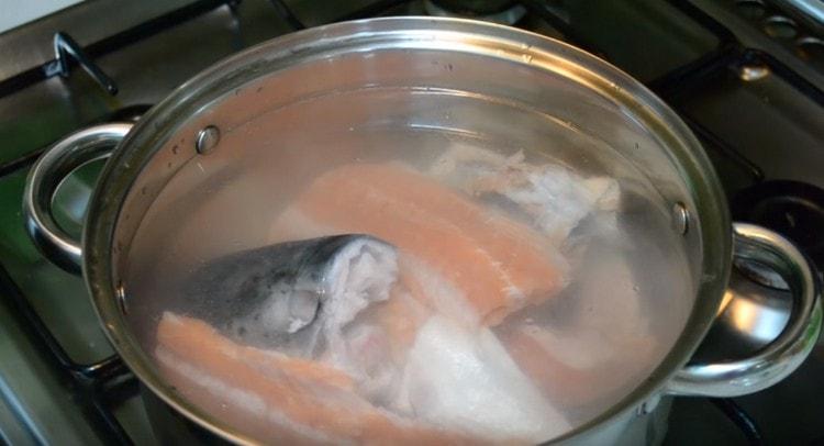 We put a pot of water and pieces of fish on the fire.