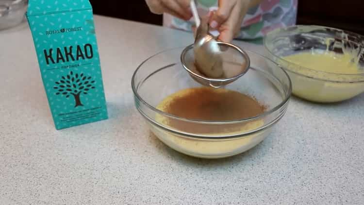 To make a zebra cake, add cocoa dough to one part