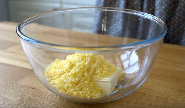 Add the zest with sugar to the butter.