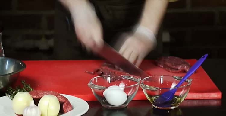 To cook beef steaks, prepare meat