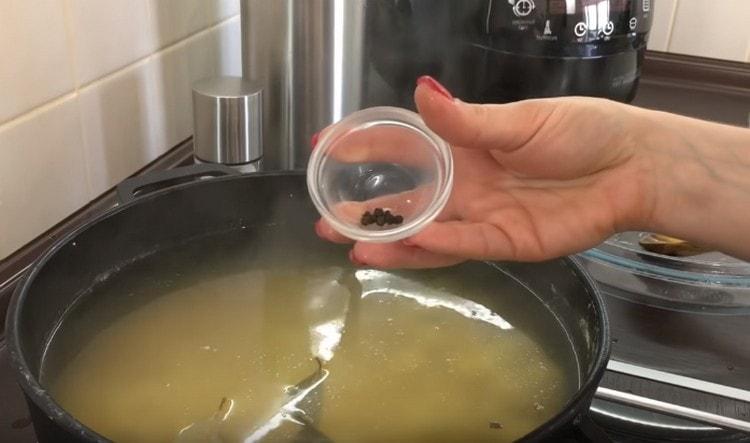 Add salt, peppercorns, bay leaf.