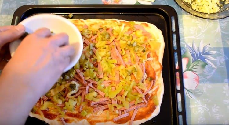 Next, lay out the pickles, diced.