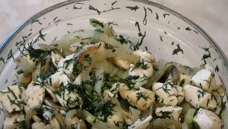 mix prepared ingredients by adding chopped greens to them.