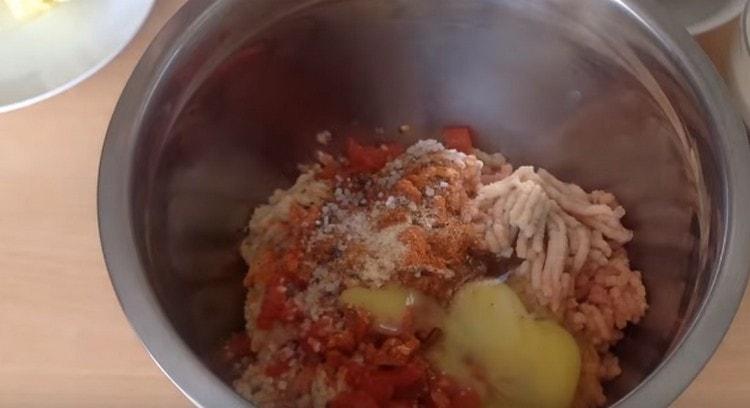 We beat out the egg to the minced meat.