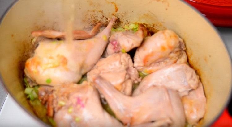 Add white wine, as well as broth.