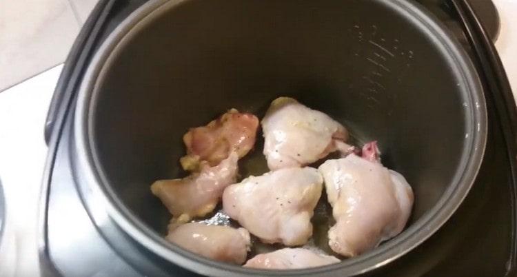 First, fry the rabbit pieces in a slow cooker until golden brown.