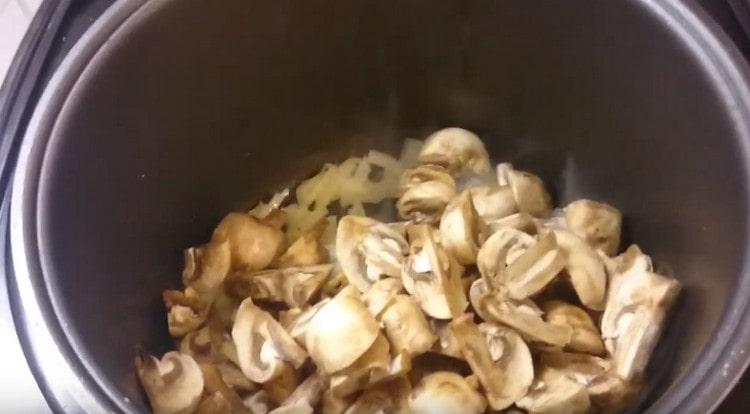 In the multicooker bowl, lay the onions, and then the mushrooms.