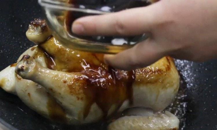 Pour the chicken with soy sauce.