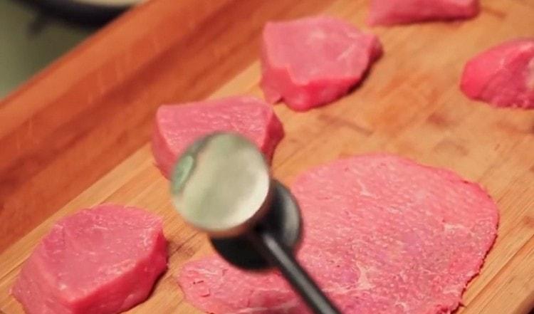 We beat off the meat.