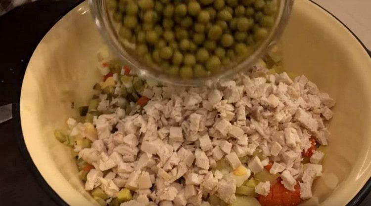 We send the meat to the salad, add the green peas.