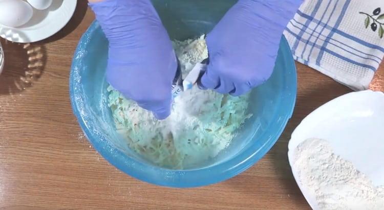 Add flour to the butter, grind into crumbs.