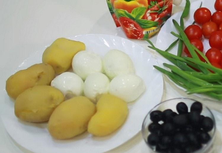 Boil hard-boiled eggs, as well as jacket potatoes, peel them.