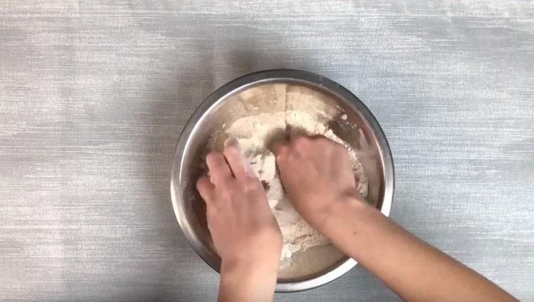 Grind flour and butter into crumbs.