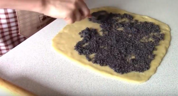 We spread the poppy filling on the dough with an even layer.