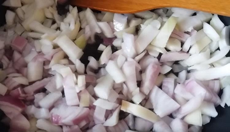 Grind the onion and fry it in a pan.