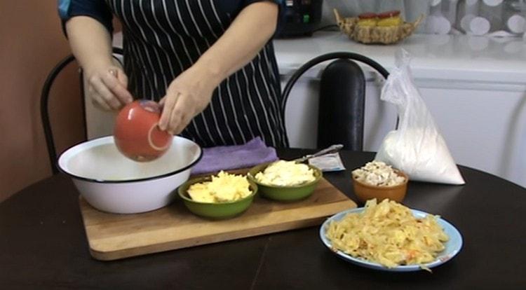 Beat eggs and pour into a bowl.