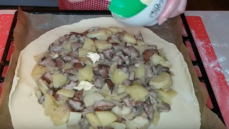After laying the dough on a baking sheet, distribute the filling on it, put several pieces of butter on it.