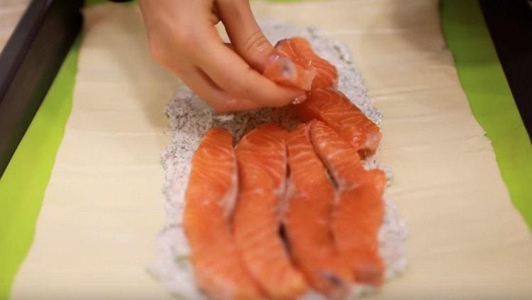 On top of the cheese we spread the pieces of fish.