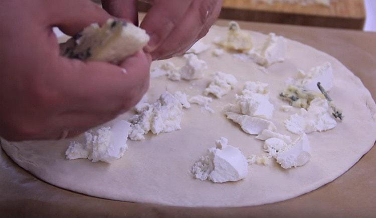 Between the pieces of ricotta, lay out the gorgonzola.