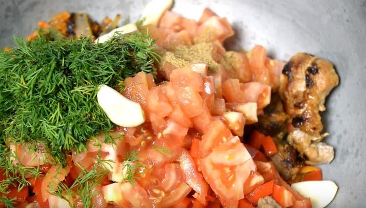 Add chopped herbs, spices, salt, and also garlic.