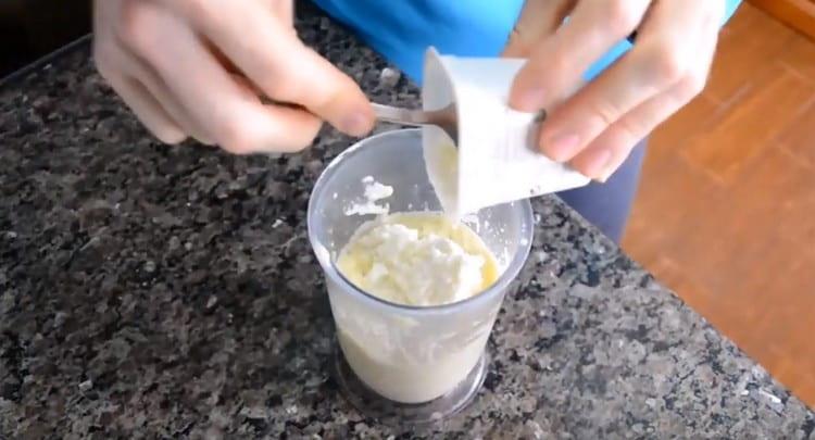 We put apple slices in a blender bowl, add low-fat cottage cheese, an egg and another protein.