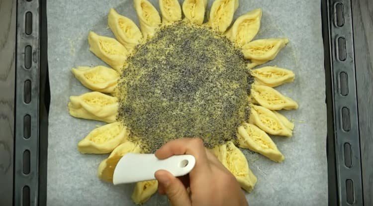 We also lubricate the petals with yolk, without catching the cheese filling.