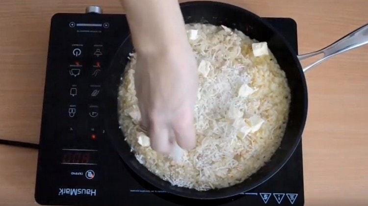 In almost ready risotto, add cream cheese, as well as parmesan.