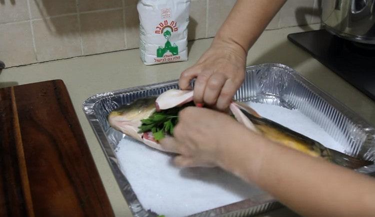 In the abdomen of the fish we lay a bunch of dill or parsley.